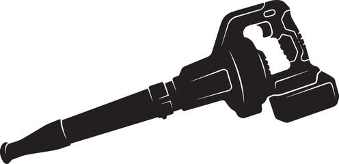 Black silhouette of a handheld cordless leaf blower, isolated on a white background, featuring a long nozzle, ergonomic handle, and battery pack © BeCoolOk