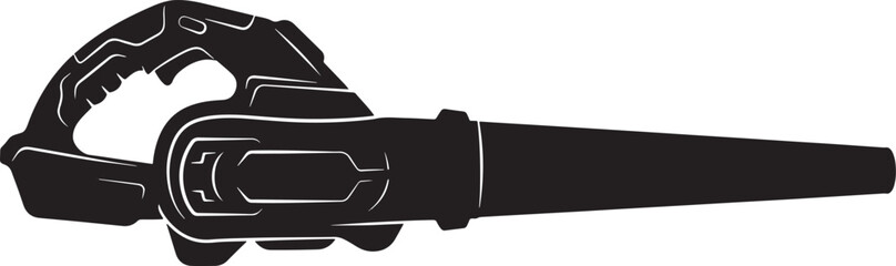 Black silhouette of a handheld electric leaf blower, side view of a garden power tool with a long nozzle and ergonomic handle © BeCoolOk