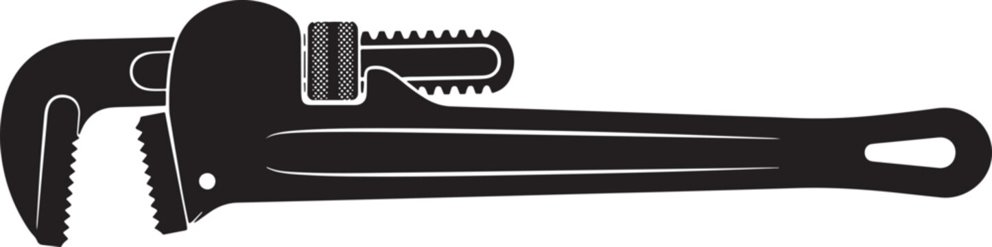 Black and white silhouette of a heavy-duty pipe wrench, featuring a serrated jaw, adjustable nut, and a long handle with a hanging hole at the end
