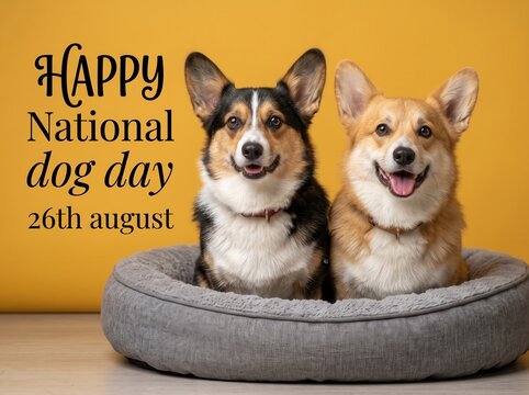 Two pembroke welsh corgi dogs sitting together in a round grey plush pet bed against a solid yellow background with black text celebrating national dog day on august 26th