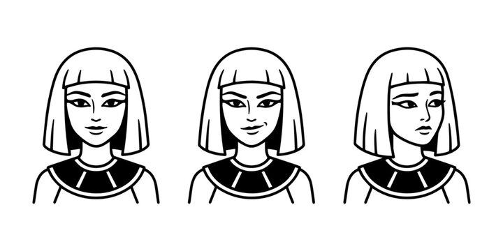 Ancient Egyptian woman cartoon character avatar showing different face expressions black and white vector line illustration