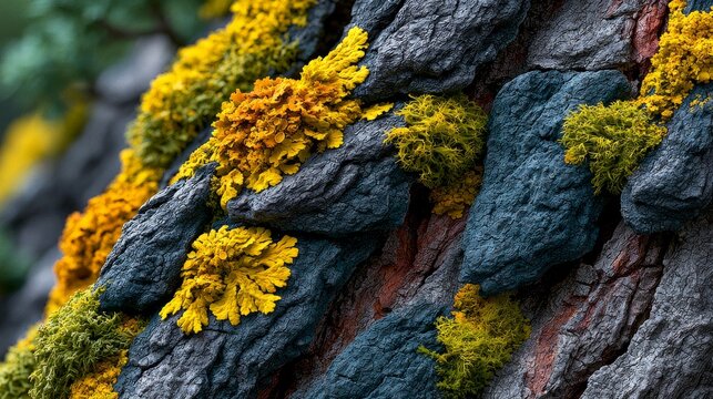 Vibrant yellow and green lichen on textured tree bark