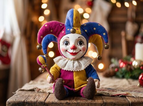 Vintage jester doll with colorful velvet hat and bells sitting on a rustic wooden table with soft golden bokeh christmas lights in the background