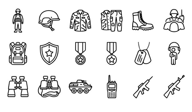 Military soldier army force warrior and equipment editable outline icon set