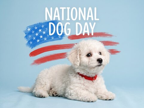 White fluffy puppy wearing a red collar lying on a light blue background with a painted american flag and the text national dog day