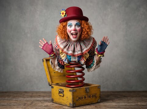 Woman dressed as a clown popping out of a vintage wooden jack in the box toy with a red metal spring wearing a colorful costume and hat against a grey textured background