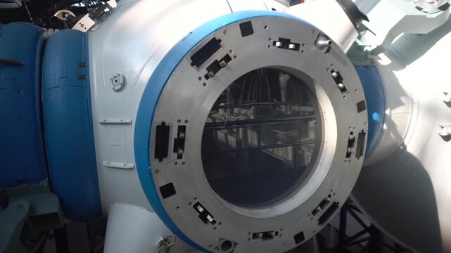 Close-up footage of the Mir space station exhibit displayed for visitors at a science and aerospace exhibition. The iconic orbital complex represents a major milestone in the history of long-duration