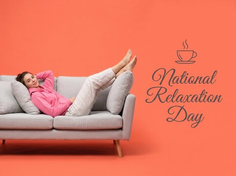 Woman in a pink hoodie and light trousers lounging on a grey sofa against a vibrant coral orange background with national relaxation day text and a coffee cup
