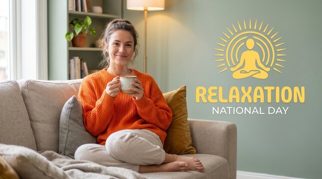 Woman in orange sweater sitting on a beige sofa holding a ceramic mug with a yellow meditation and relaxation national day text on a sage green wall background