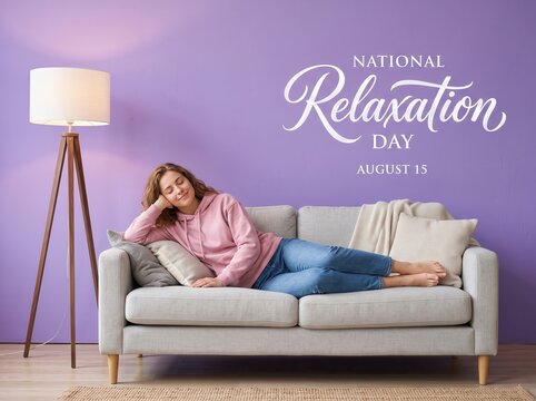 Woman in pink hoodie and blue jeans lying on a light gray sofa against a purple wall with national relaxation day august 15 text and a wooden floor lamp standing to the left