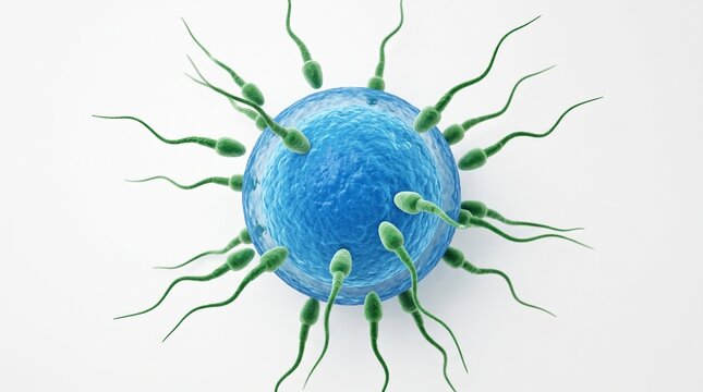 Many sperm cells moving toward a single human egg cell for fertilization