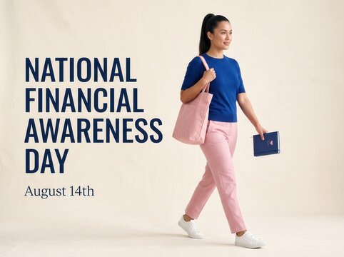 Woman walking wearing blue shirt and pink trousers carrying a tote bag and notebook with national financial awareness day august 14th text on a light beige background