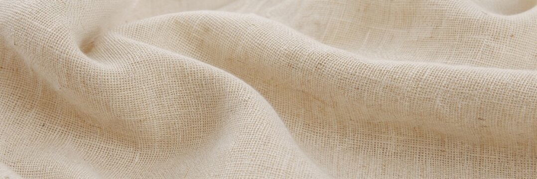 Natural beige linen fabric texture with soft wavy folds, organic hemp textile background for sustainable fashion, rustic woven canvas material for interior design and home decor