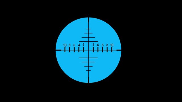 Sniper scope reticular animation for target aiming and alignment. Cross hair sight indicator with distance and scale markings. Precision aiming display element for weapon and optics systems