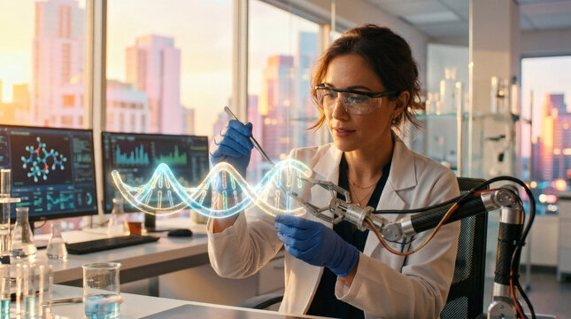 A female scientist hand tweaking a glowing abstract 3D DNA helix model, which is being perfectly held in place by a precise robotic micro-gripper. Concept of AI genome editing and biotech future