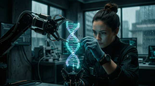 A female scientist hand tweaking a glowing abstract 3D DNA helix model, which is being perfectly held in place by a precise robotic micro-gripper. Concept of AI genome editing and biotech future