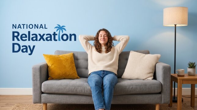 Woman with curly hair sitting on a grey sofa with hands behind her head against a light blue wall with national relaxation day text and a palm tree