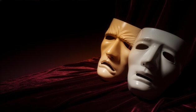 Two classic theater masks with sad and dramatic expressions rest on a draped red velvet fabric under a warm side spotlight, creating a moody artistic composition against a dark background.