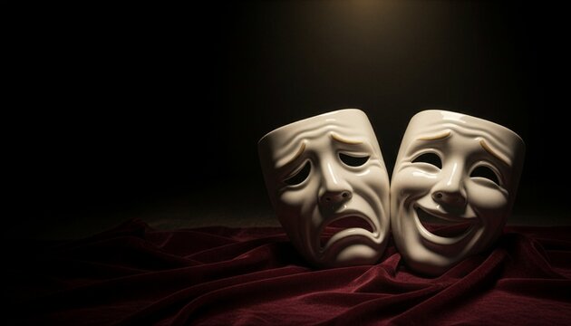 Classic comedy and tragedy theater masks rest on a draped red velvet fabric under a dramatic spotlight, representing drama, performing arts, and dual human emotions against a dark backdrop.