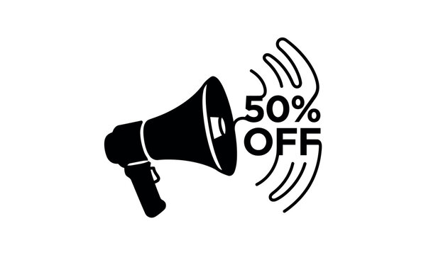 Independence Day (India) 2026 one line art editable design Megaphone icon with fifty percent off wireless signal discount sale promotion isolated on transparent background, Vector