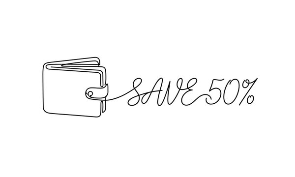 Independence Day (India) 2026 one line art editable design Wallet icon with save fifty percent text illustration isolated on transparent background, Vector