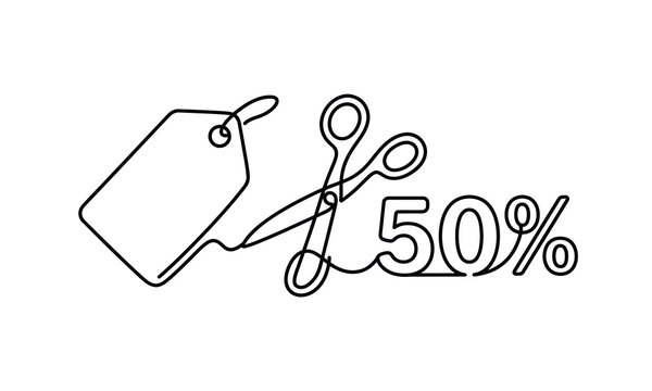 Independence Day (India) 2026 one line art editable design Scissors cutting a price tag showing fifty percent discount isolated on transparent background, Vector