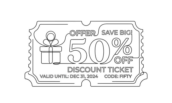 Independence Day (India) 2026 one line art editable design Discount ticket with fifty percent off sale offer illustration isolated on transparent background, Vector