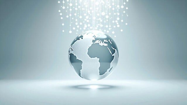 A glass globe with glowing network lines suspended in mid-air against a clean white background