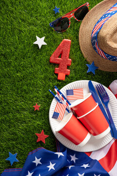Holidays in USA: Independence Day and Labor Day picnic vertical party with patriotic cups, flag and stars