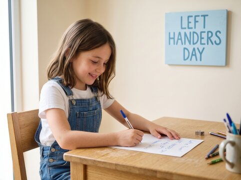 Young girl with brown hair wearing blue denim overalls writing on white paper with her left hand at a wooden table with a blue sign on the wall that says left handers day