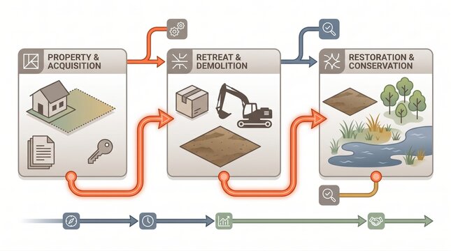 Managed retreat flowchart showing property buyout to land restoration timeline