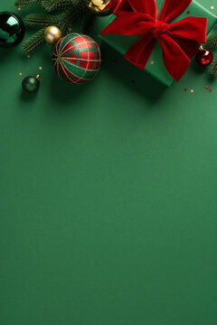 Green gift with red bow and Christmas ornaments for Merry Christmas and Happy New Year celebration on luxury greed vertical backdrop