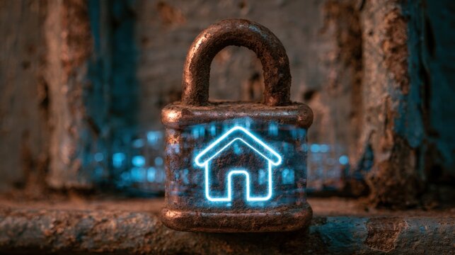 A rusted lock blends with a glowing symbol of a smart home, highlighting outdated protection in a new digital age.