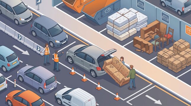 Bulky drop-off residents at organized municipal tip isometric service scene