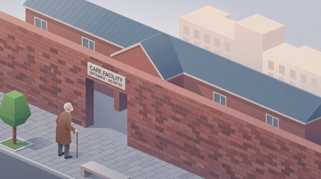 Eldercare entrance blocked by brick wall in isometric access barrier concept