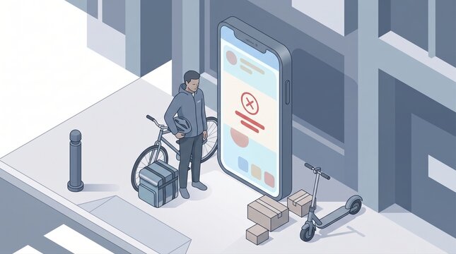 Suspended account icon blocks gig delivery driver beside giant smartphone