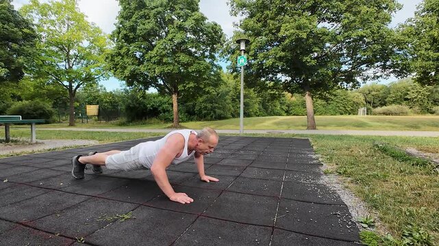 Man in his 50s performing bodyweight exercises at an outdoor fitness park on a clear day. Healthy lifestyle, fitness, strength, endurance, active aging, and outdoor physical activity.