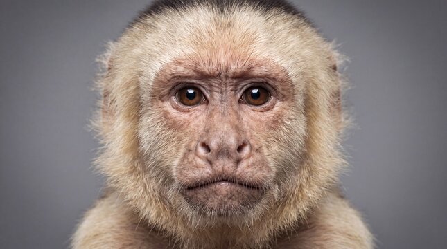 Capuchin monkey portrait. Close up of a primate face with expressive eyes on grey background.