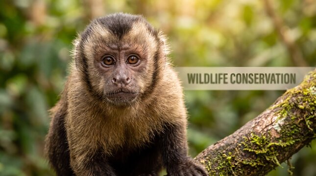Capuchin monkey portrait in the wild. Close-up of a primate sitting on a mossy tree branch.