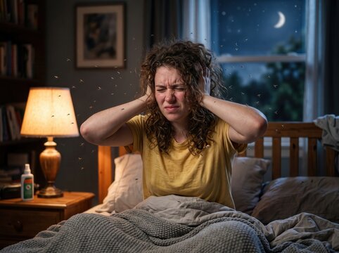 Young woman with curly hair sitting in bed at night covering her ears in frustration while surrounded by a swarm of flying mosquitoes in a dimly lit bedroom with a glowing bedside lamp