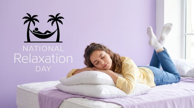 Young woman with wavy hair lying on white pillows on a bed against a light purple wall with a black hammock and palm tree and the text national relaxation day