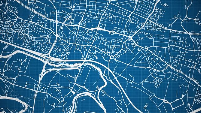 Ink reveal animation of Slough city, Berkshire, England, United Kingdom, grid map. Aerial top view. Blueprint style. White lines with blue background. 4K Seamless loop.