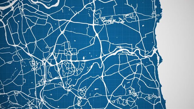 Ink reveal animation of Sunderland city, Tyne and Wear, England, United Kingdom, grid map. Aerial top view. Blueprint style. White lines with blue background. 4K Seamless loop.