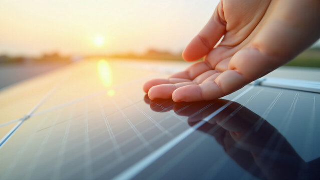 A hand gently touches a solar panel at sunset with warm golden light casting soft shadows
