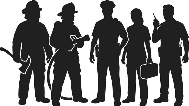 Group of emergency responders in silhouette. Firefighters, police and medical staff team.