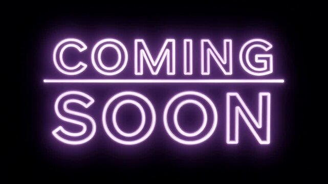 COMING SOON neon sign glowing in bright purple with a dividing line on a black background, representing new arrivals, future events, movie trailers, and upcoming product launches.