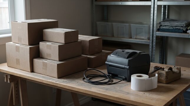 Blank shipping boxes beside off thermal label printer in paused fulfillment