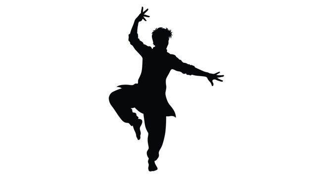 Indian man dancing in traditional clothing. Male performer doing folk dance silhouette.