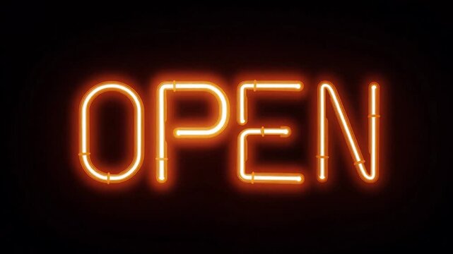 OPEN neon sign glowing in bright orange against a dark black background, representing retail store entrances, night businesses, cafes, and welcoming customers.