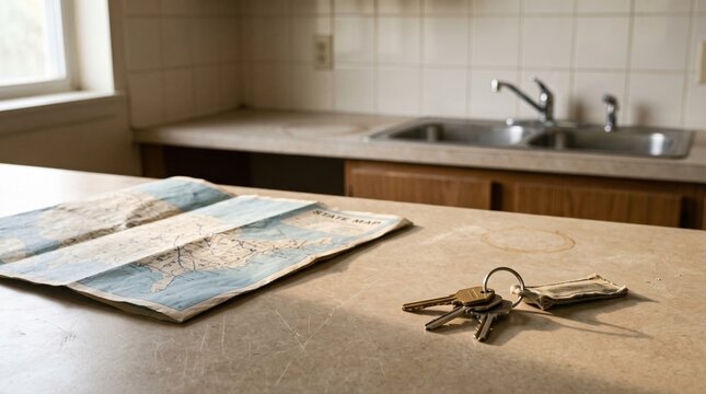 Keys on kitchen counter beside folded state map after home moveout